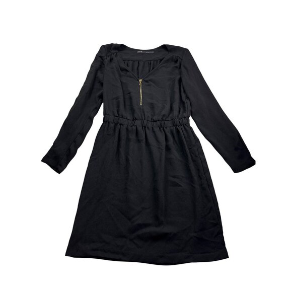Zara Basic Black Long Sleeve Mini Shirt Dress Size S Front Zip Elastic Waist - Picture 1 of 4